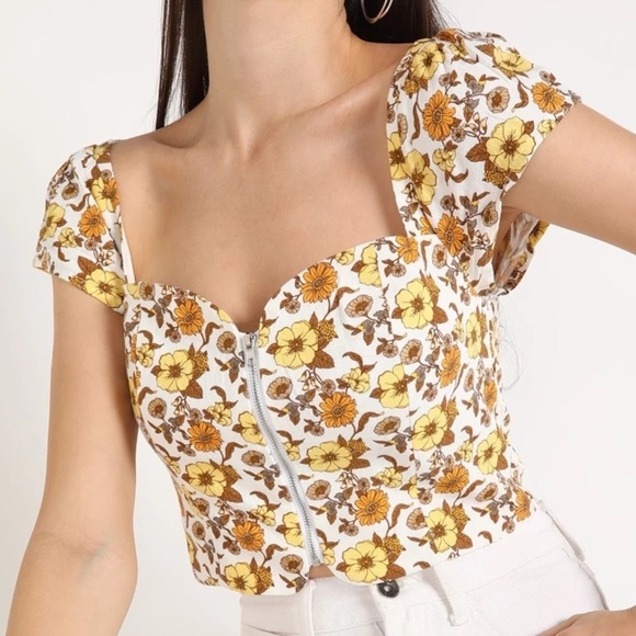 Forever 21 Yellow White Retro Floral Linen Blend Zip Crop Top- Size Large - Picture 7 of 16